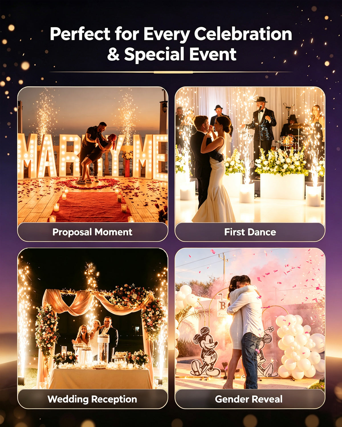 750W Professional Cold Spark Machine – Dual-Motor, DMX512 & Remote Control, Adjustable Height (8.2–16ft), Quiet & Safe for Weddings, Parties, Concerts, Indoor/Outdoor Events(Sparkle Material Not Included)