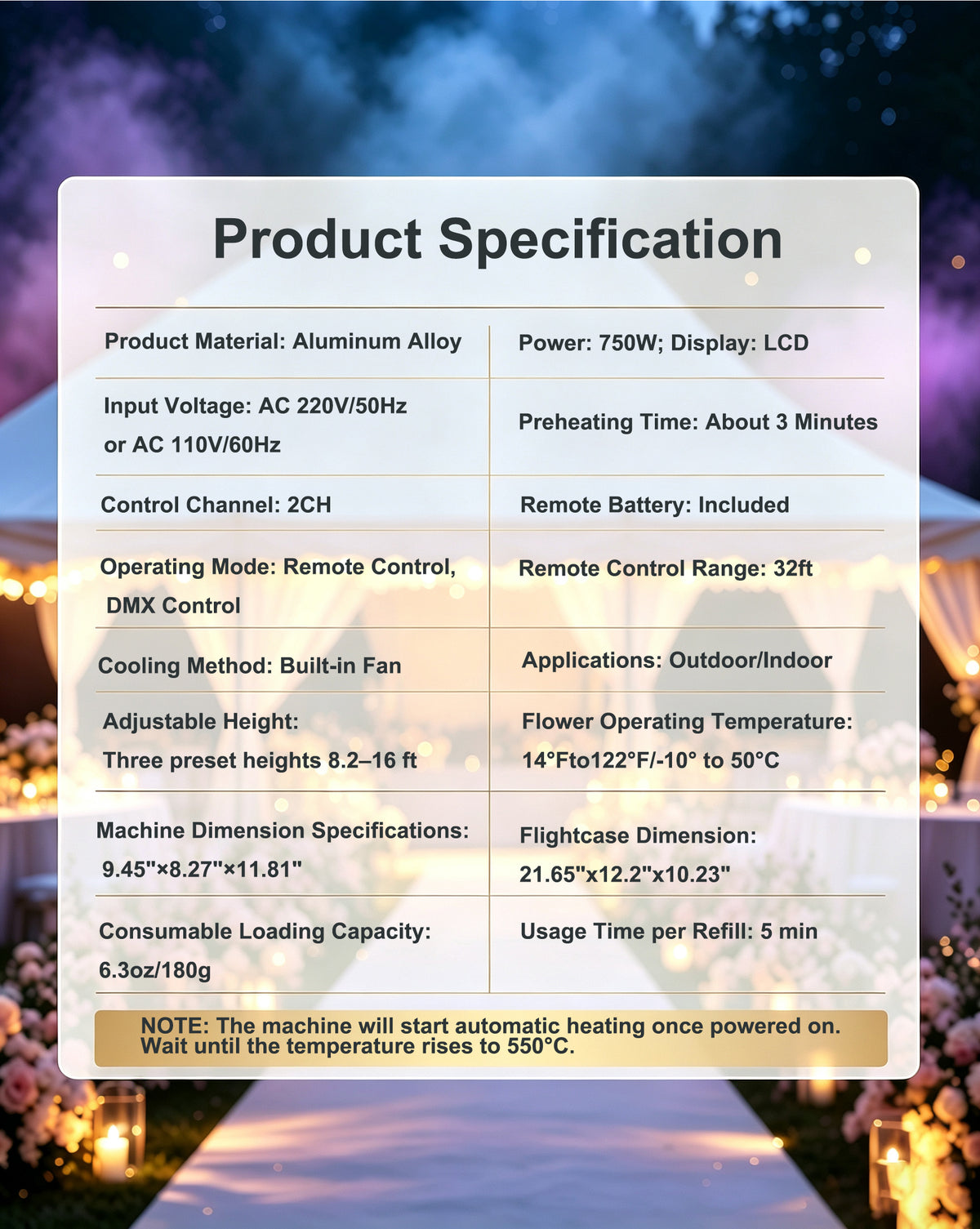 750W Professional Cold Spark Machine – Dual-Motor, DMX512 & Remote Control, Adjustable Height (8.2–16ft), Quiet & Safe for Weddings, Parties, Concerts, Indoor/Outdoor Events(Sparkle Material Not Included)